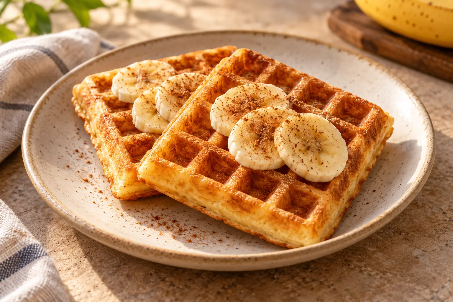 Imagem ilustrativa de waffle de leite em pó com banana e canela
